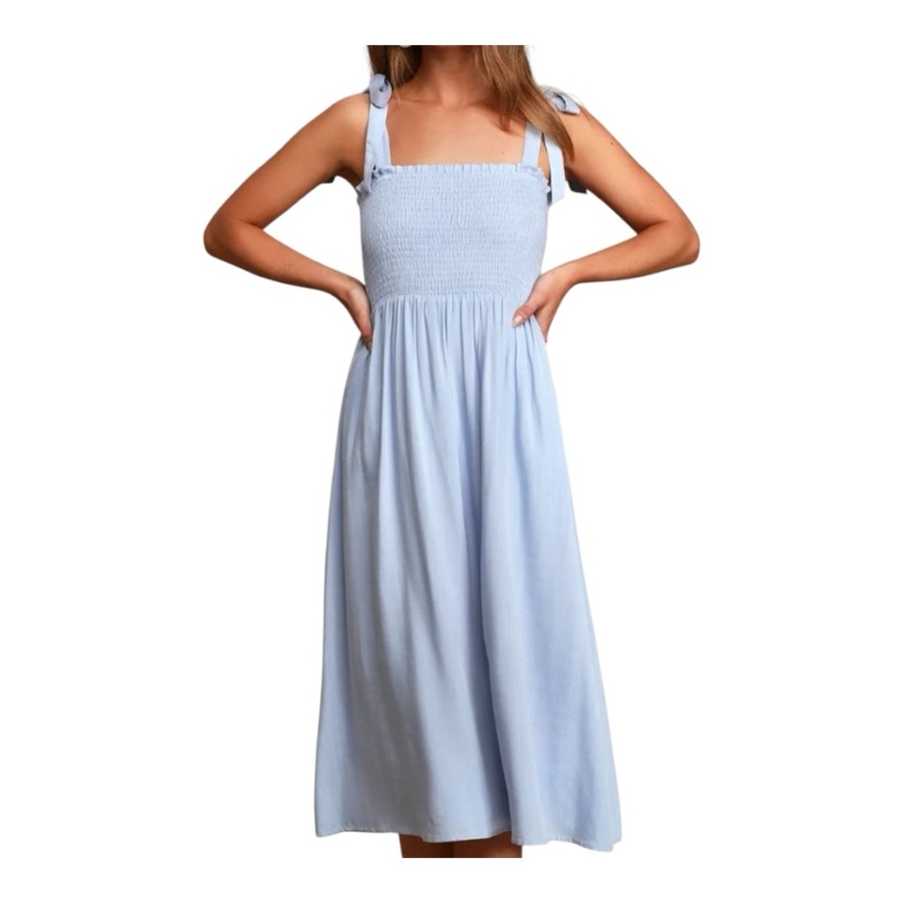 Lulus Looking Up Light Blue Smocked Tie-Strap Midi Dress Size S